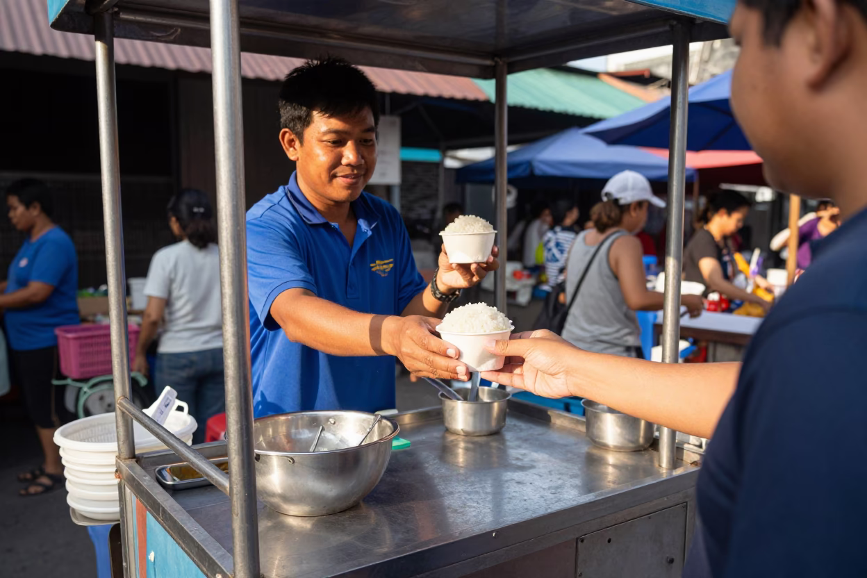 Street Vendor Serving Thai Dessert in Bangkok Late Morning Market Scene in in Bangkok, Thailand