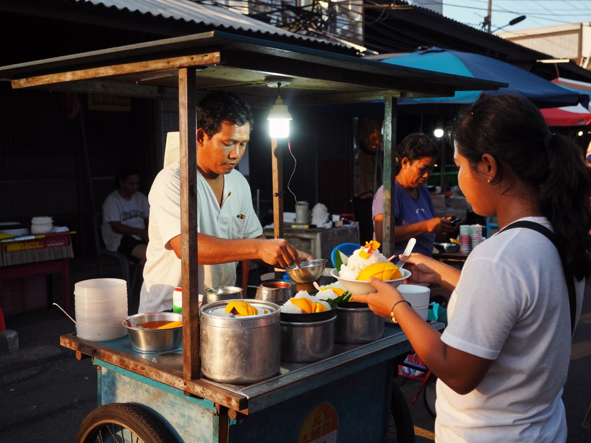 Street Vendor Serving Thai Dessert Under Honeyed Evening Light in Phuket Thailand in in Phuket, Thailand
