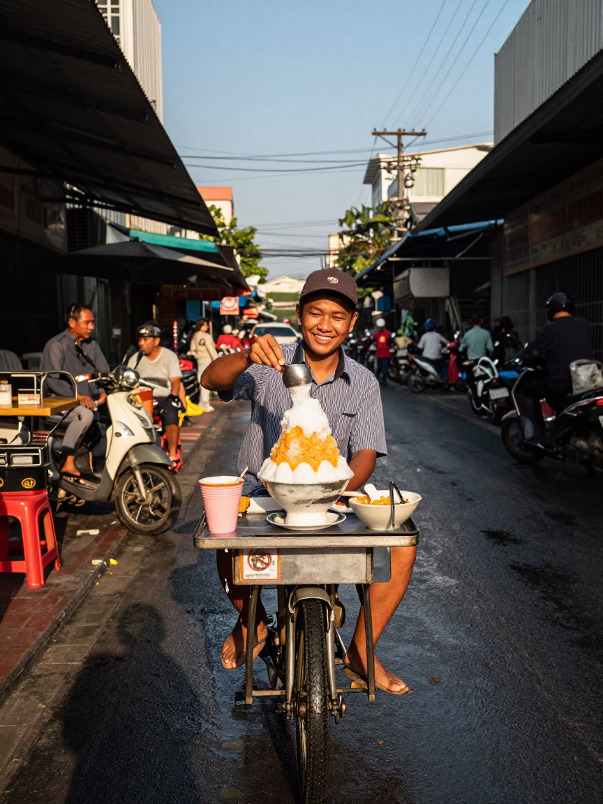Street Vendor Serving Thai Shaved Ice Dessert in Bangkok Late Afternoon Light in in Bangkok, Thailand