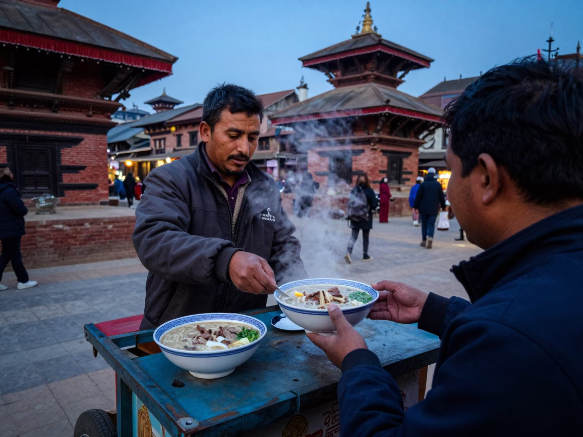 Street Vendor Serving Thukpa with Yak Meat in Kathmandu During Blue Hour in in Kathmandu, Nepal