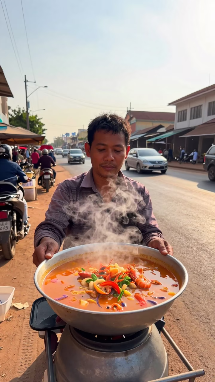 Street Vendor Serving Tom Yum Goong in Phnom Penh Cambodia Late Afternoon in in Phnom Penh, Cambodia