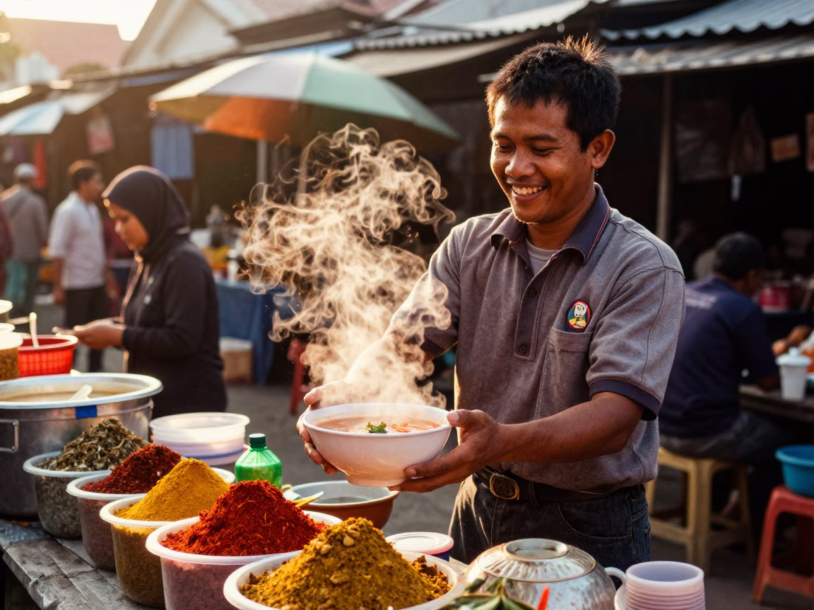 Street Vendor Serving Tom Yum Soup in Yogyakarta Golden Hour in in Yogyakarta, Indonesia