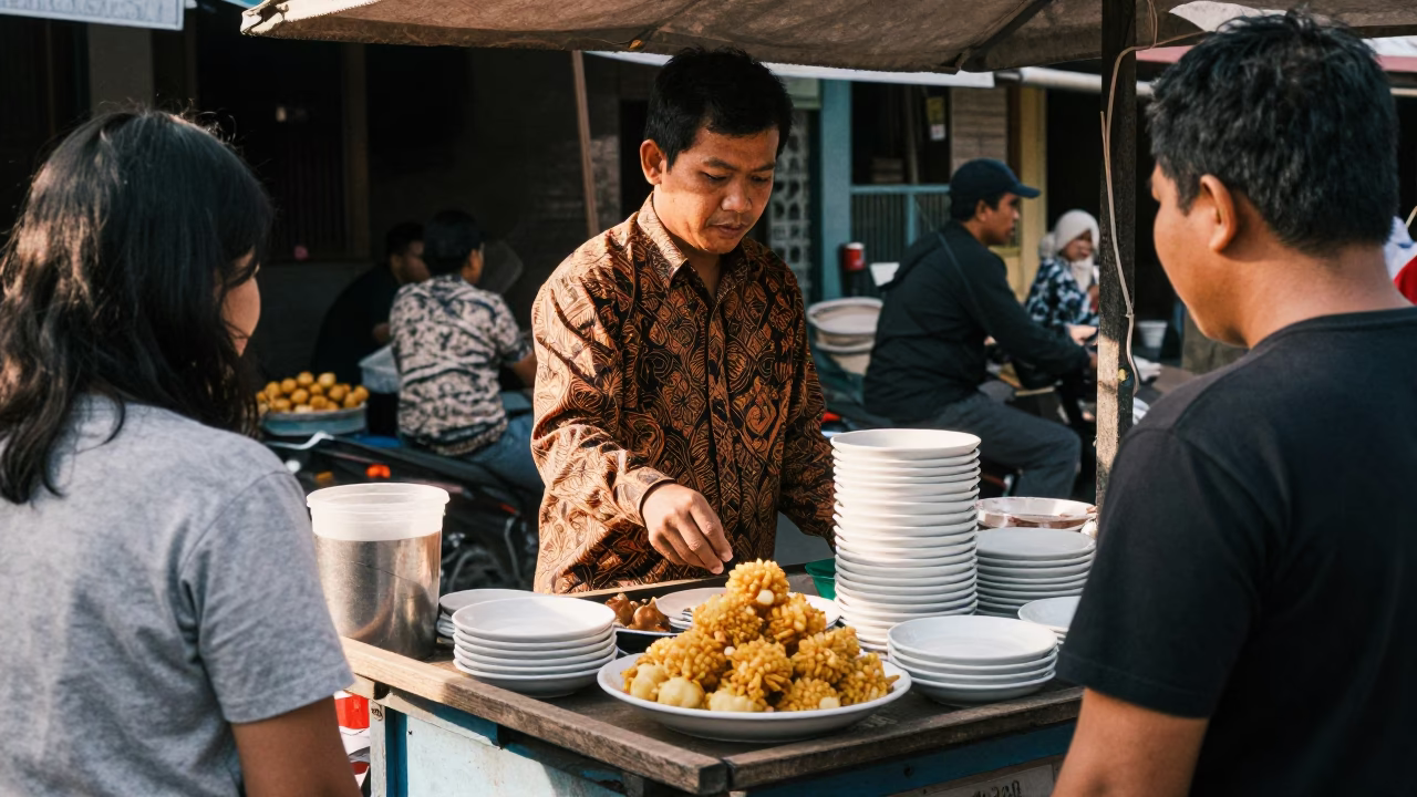Street Vendor Serving Traditional Javanese Snack with Ceramic Saucers in Yogyakarta Indonesia Early Afternoon in in Yogyakarta, Indonesia