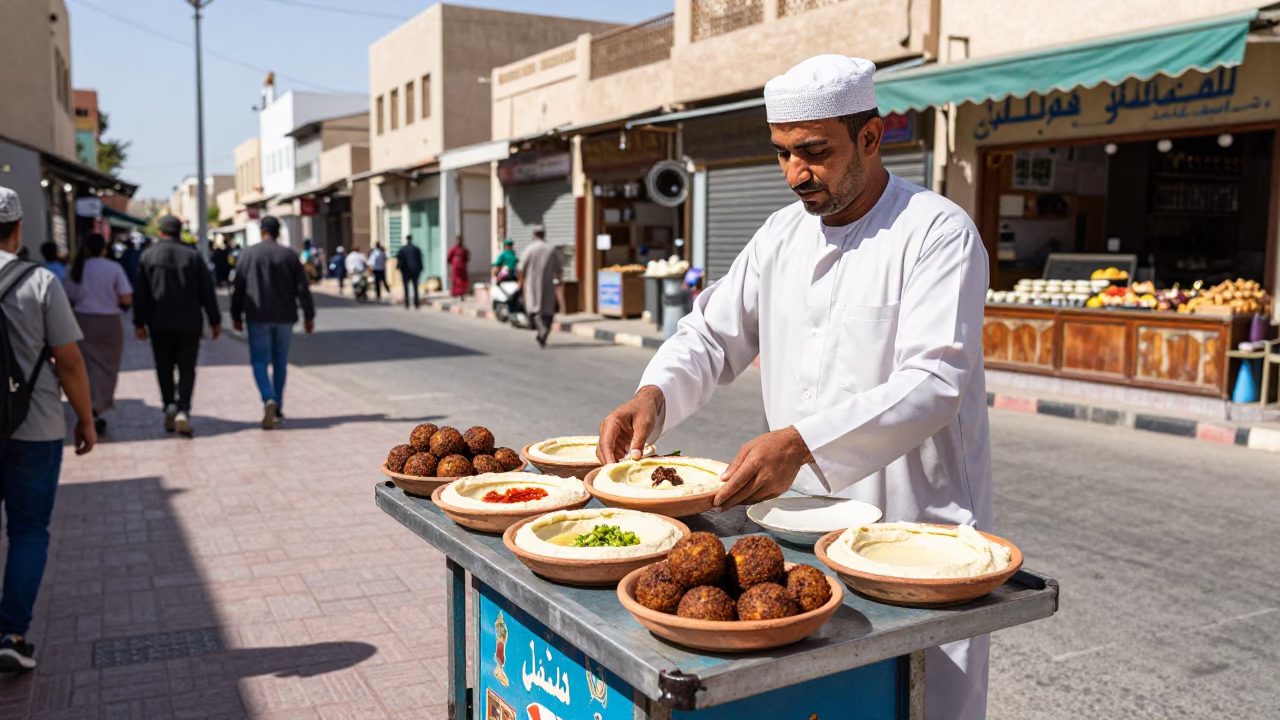 Street Vendor Serving Traditional Omani Breakfast in Muscat Under Bright Midmorning Sunlight in in Muscat, Oman