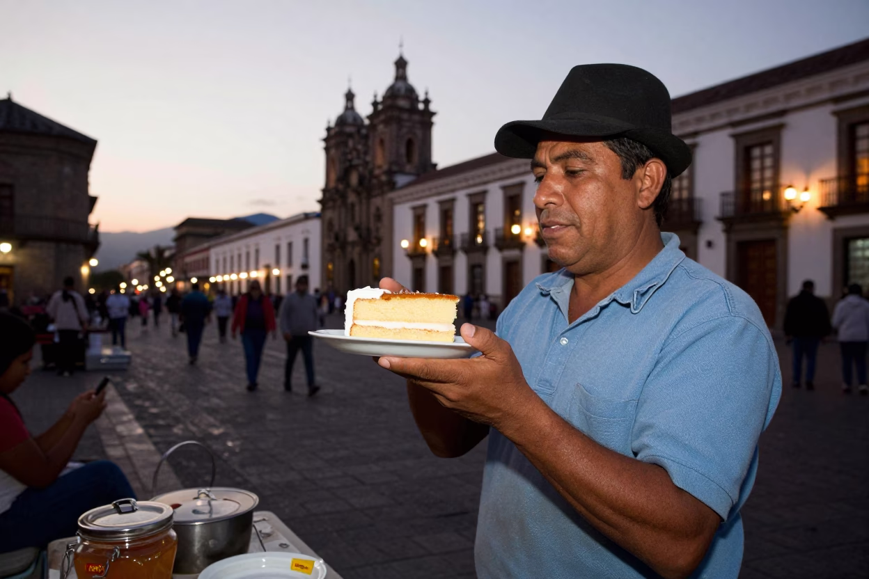 Street Vendor Serving Tres Leches Cake Slice in Quito Evening Glow in in Quito, Ecuador
