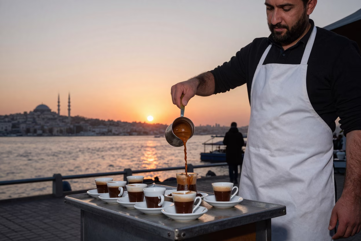 Street Vendor Serving Turkish Coffee at Sunset in Istanbul Turkey in in Istanbul, Turkey