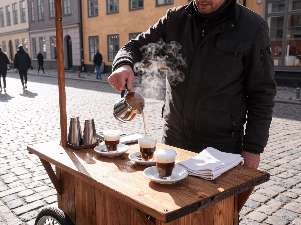 Street Vendor Serving Turkish Coffee in Copenhagen Denmark Late Morning in in Copenhagen, Denmark