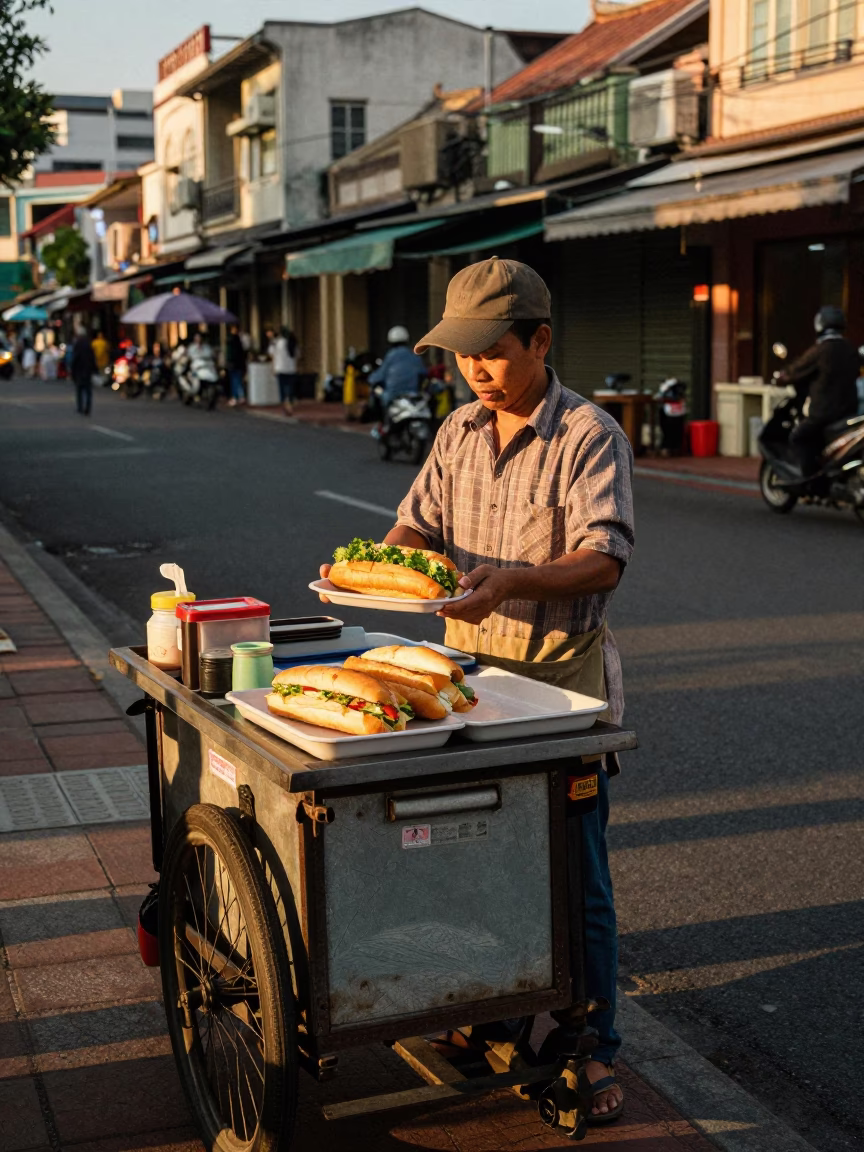 Street Vendor Serving Vietnamese Banh Mi with Fresh Cilantro in Tainan Taiwan Evening in in Tainan, Taiwan