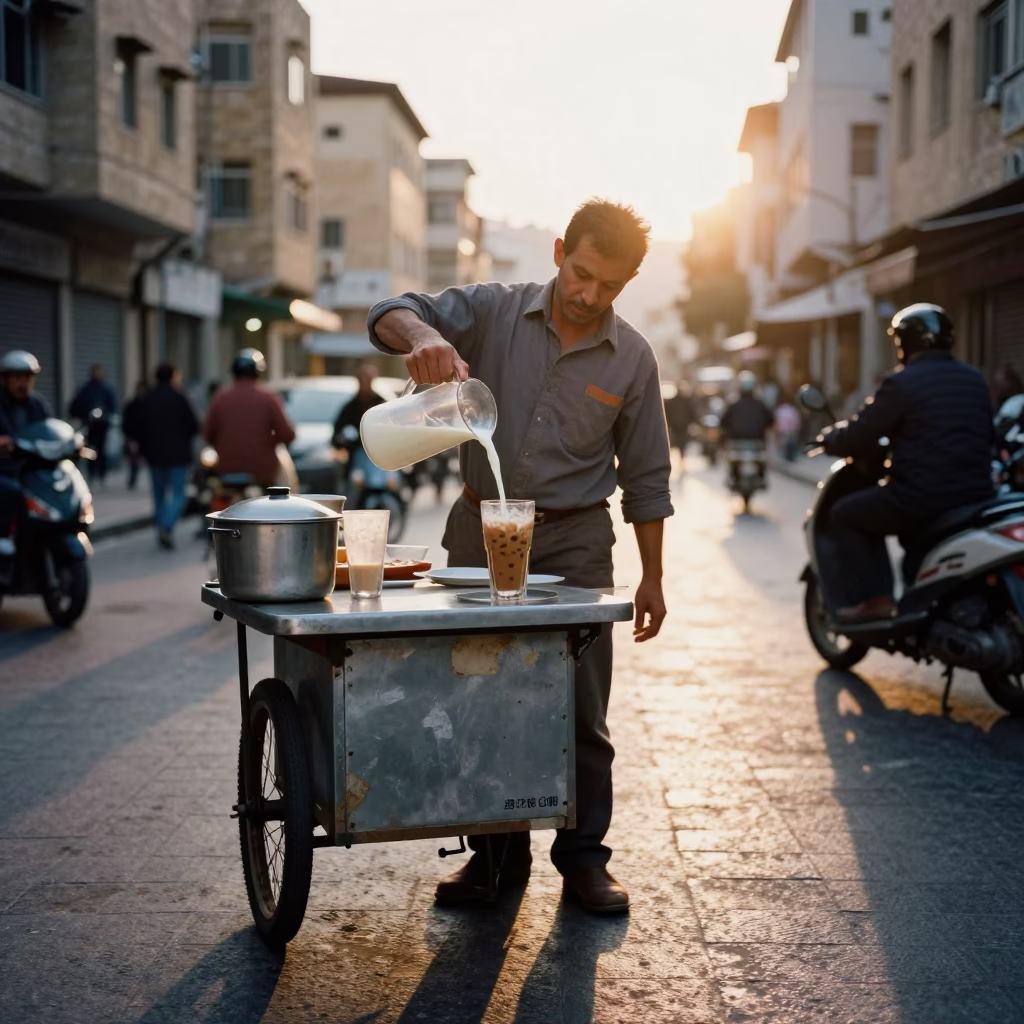 Street Vendor Serving Vietnamese Iced Coffee in Beirut at Sunset in in Beirut, Lebanon
