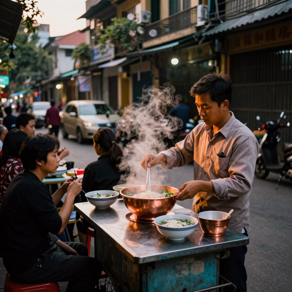 Street Vendor Serving Vietnamese Noodle Soup in Hanoi Before Dusk in in Hanoi, Vietnam