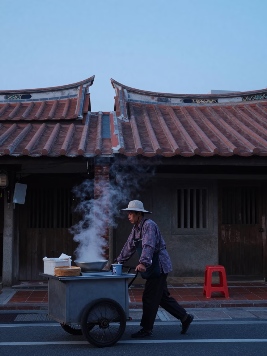 Street Vendor Steaming Bowl of Pho at Nautical Dawn in Tainan Taiwan in in Tainan, Taiwan