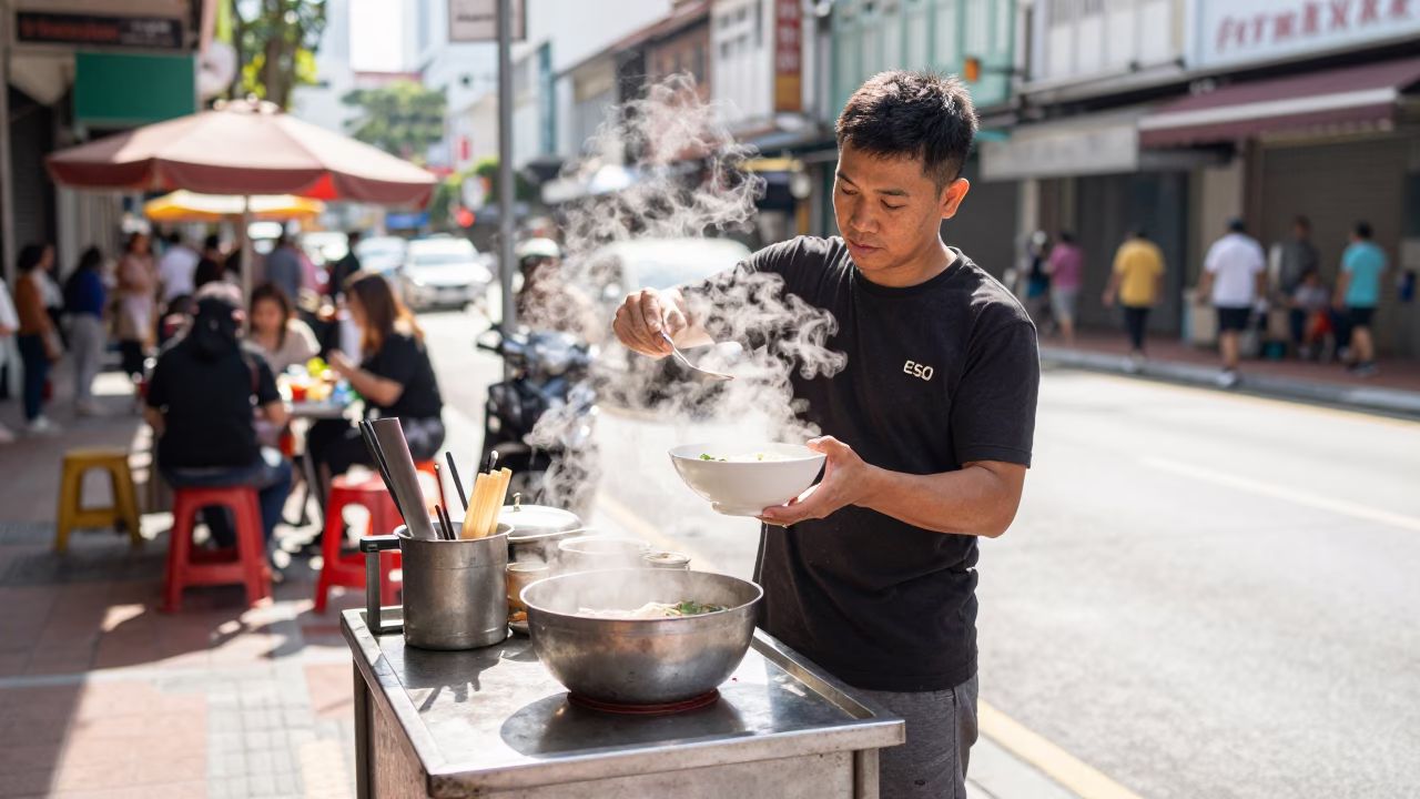 Street Vendor Steaming Bowl of Pho in Bright Midmorning Light Singapore Singapore in in Singapore, Singapore