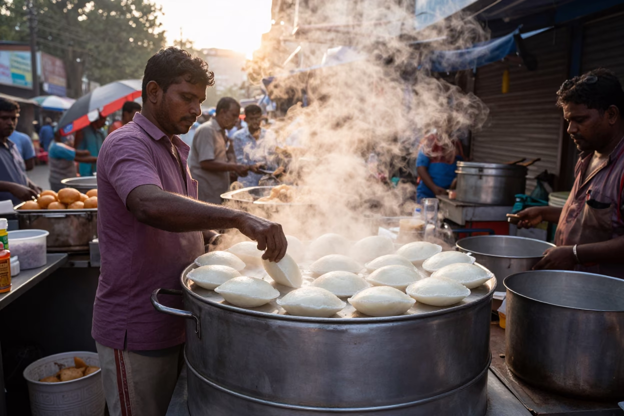 Street Vendor Steaming Fresh Idli and Vada at Dawn in Chennai India in in Chennai, India