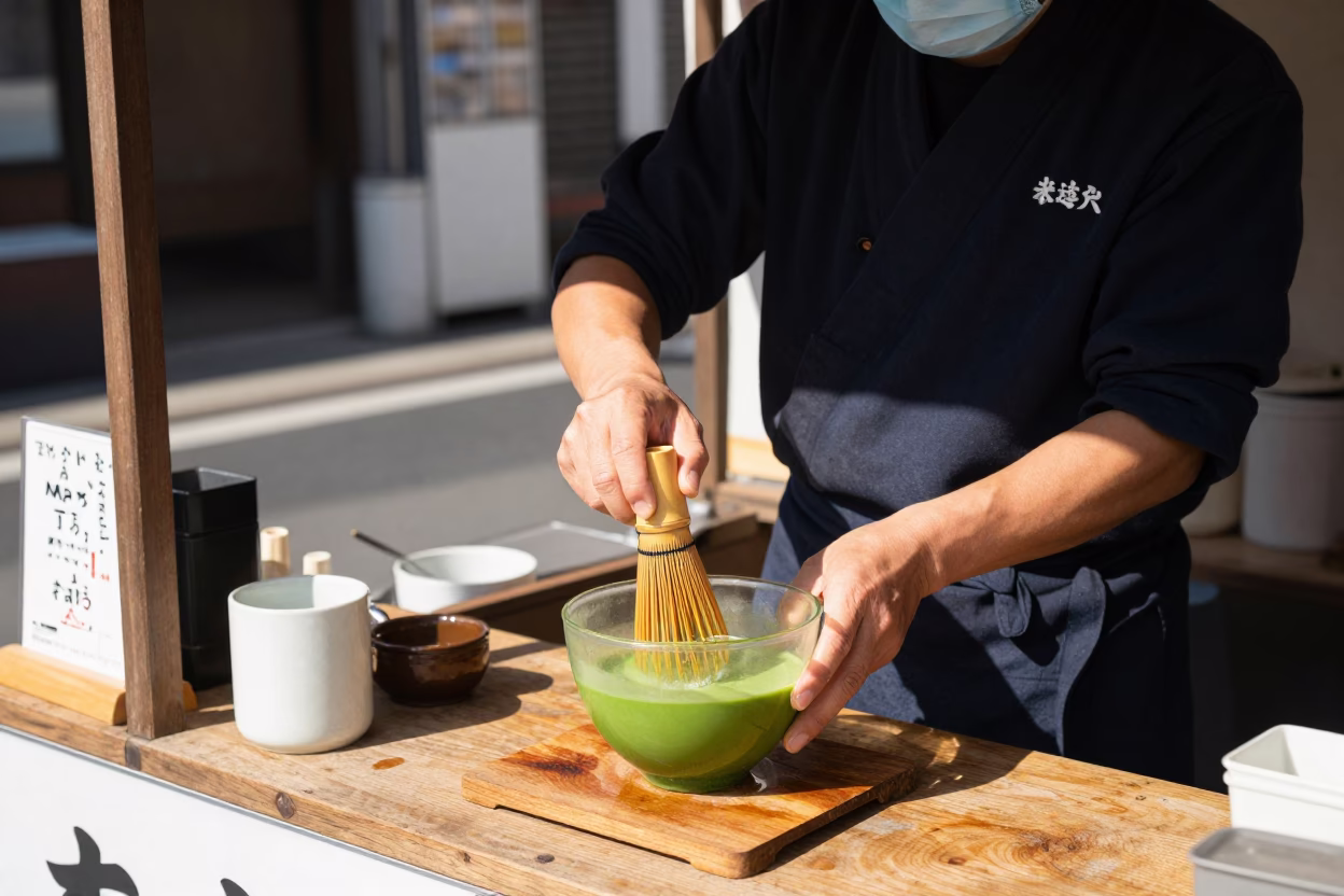 Street Vendor Whisking Matcha Tea in Fukuoka Japan Under Noon Sun in in Fukuoka, Japan
