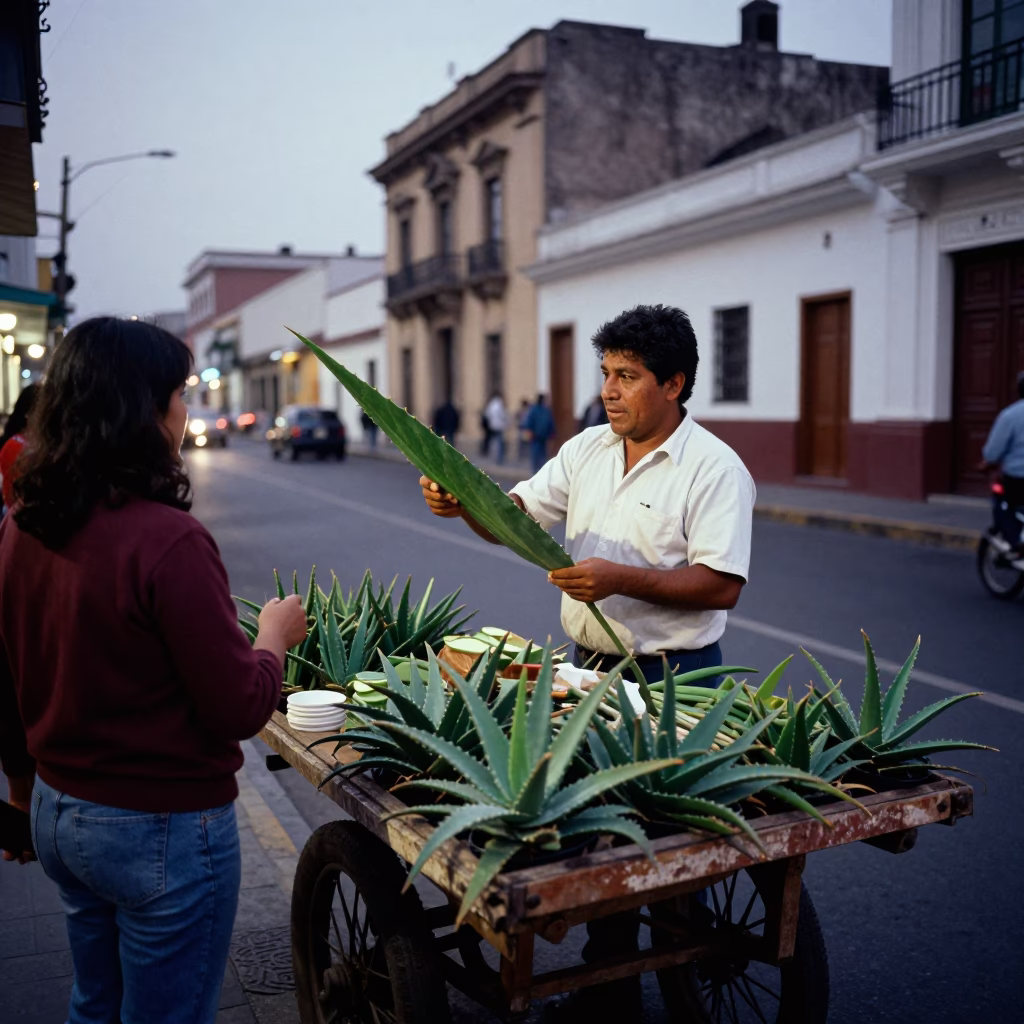 Street Vendor with Aloe Vera in Lima Peru Early Evening Street Scene in in Lima, Peru
