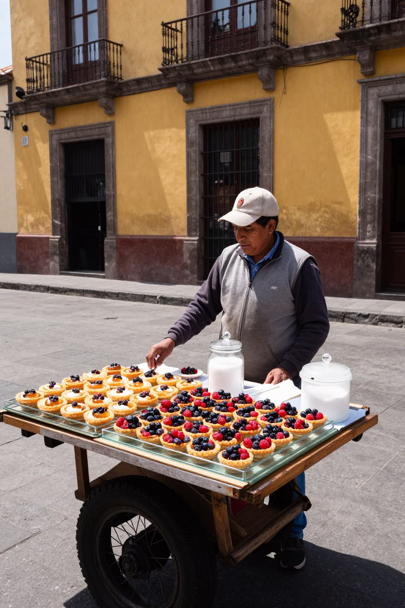 Street Vendor with Berry Tarts and Sugar Jar Under Mexico City Noon Sun in in Mexico City, Mexico