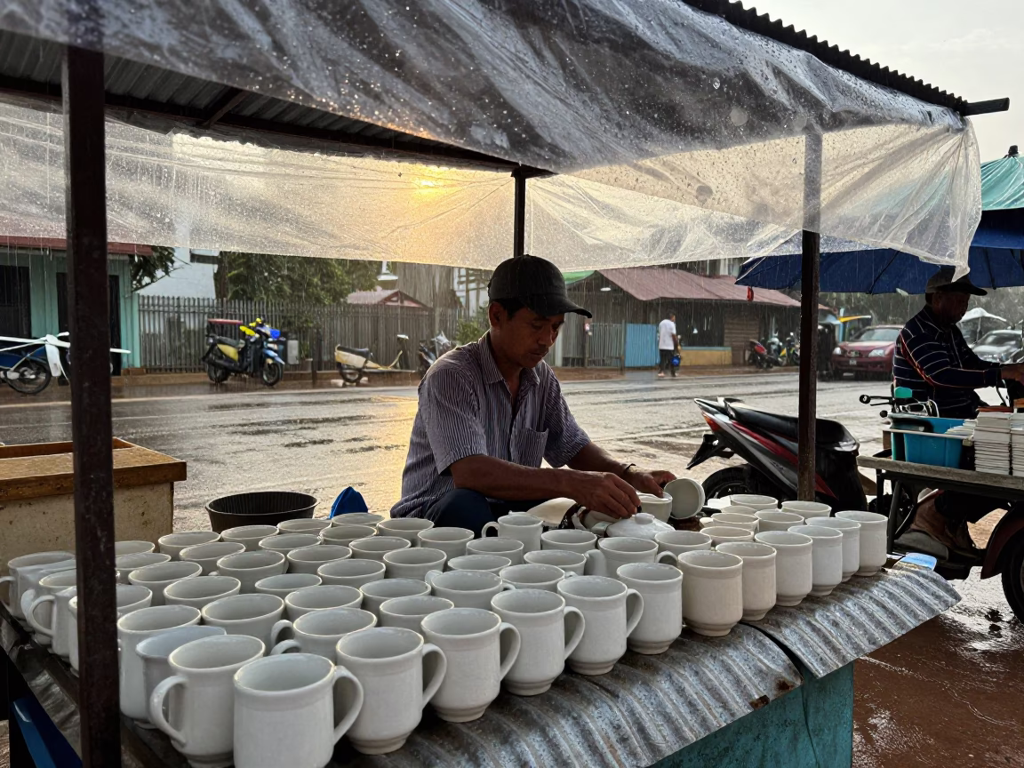 Street Vendor with Ceramic Mugs in Phnom Penh After Rain in in Phnom Penh, Cambodia