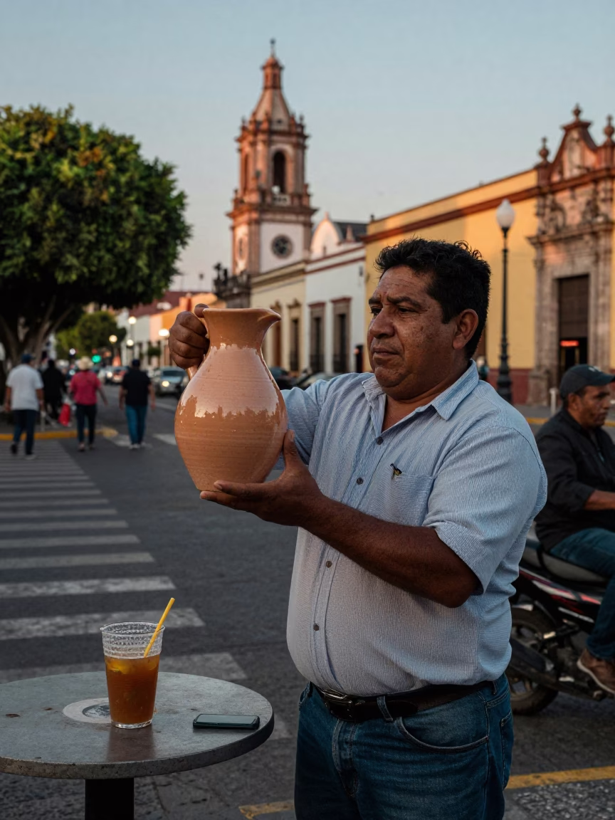 Street Vendor with Ceramic Pitcher in Guadalajara Mexico Early Evening in in Guadalajara, Mexico