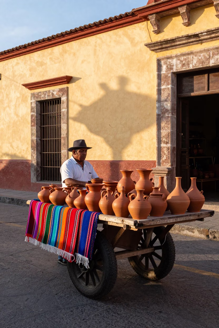 Street Vendor with Clay Pots in Oaxaca Mexico Late Afternoon Light in in Oaxaca, Mexico