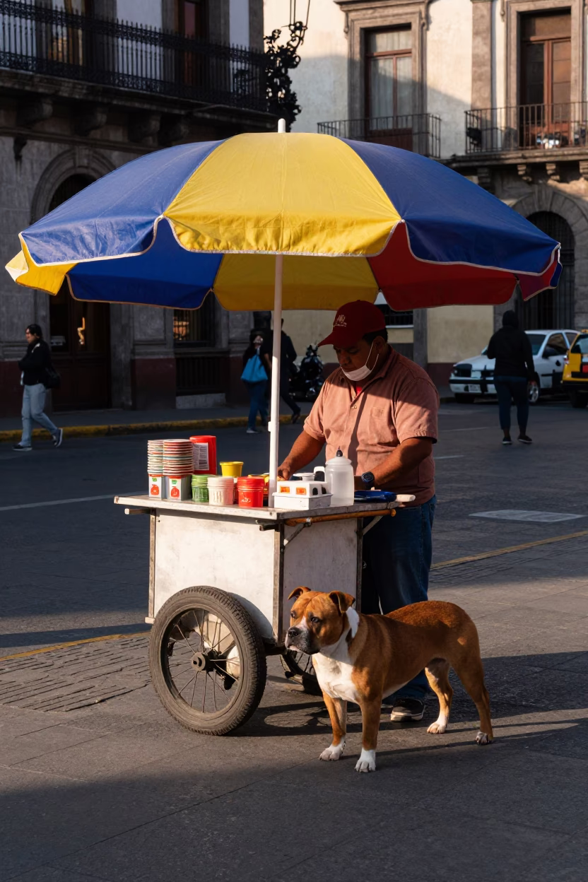 Street Vendor with Colorful Umbrellas and Staffordshire Bull Terrier in Mexico City Early Afternoon in in Mexico City, Mexico