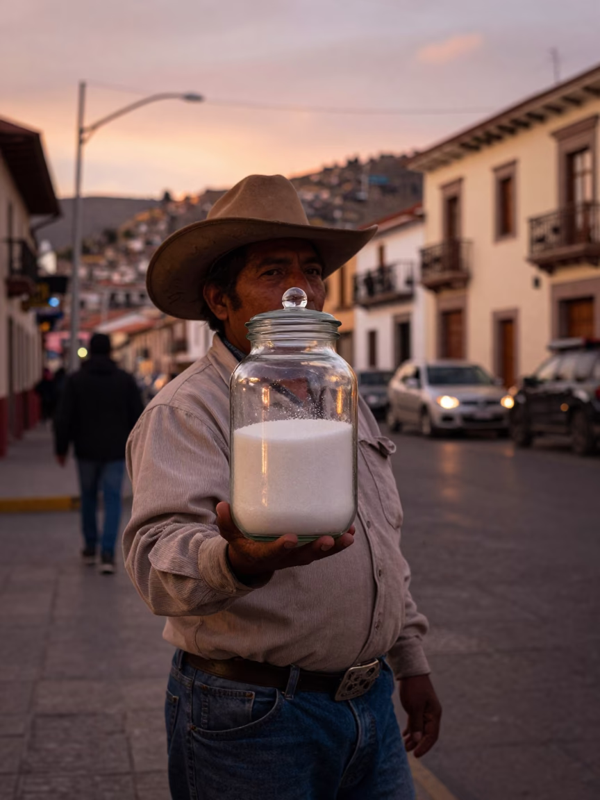 Street Vendor with Glass Sugar Jar in La Paz Bolivia Before Dusk in in La Paz, Bolivia