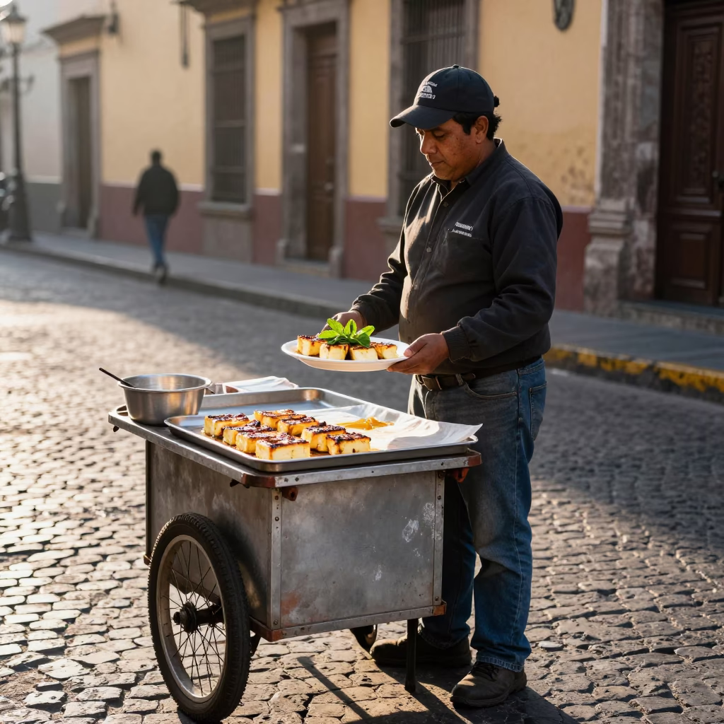 Street Vendor with Grilled Halloumi and Mint in Mexico City Morning Light in in Mexico City, Mexico