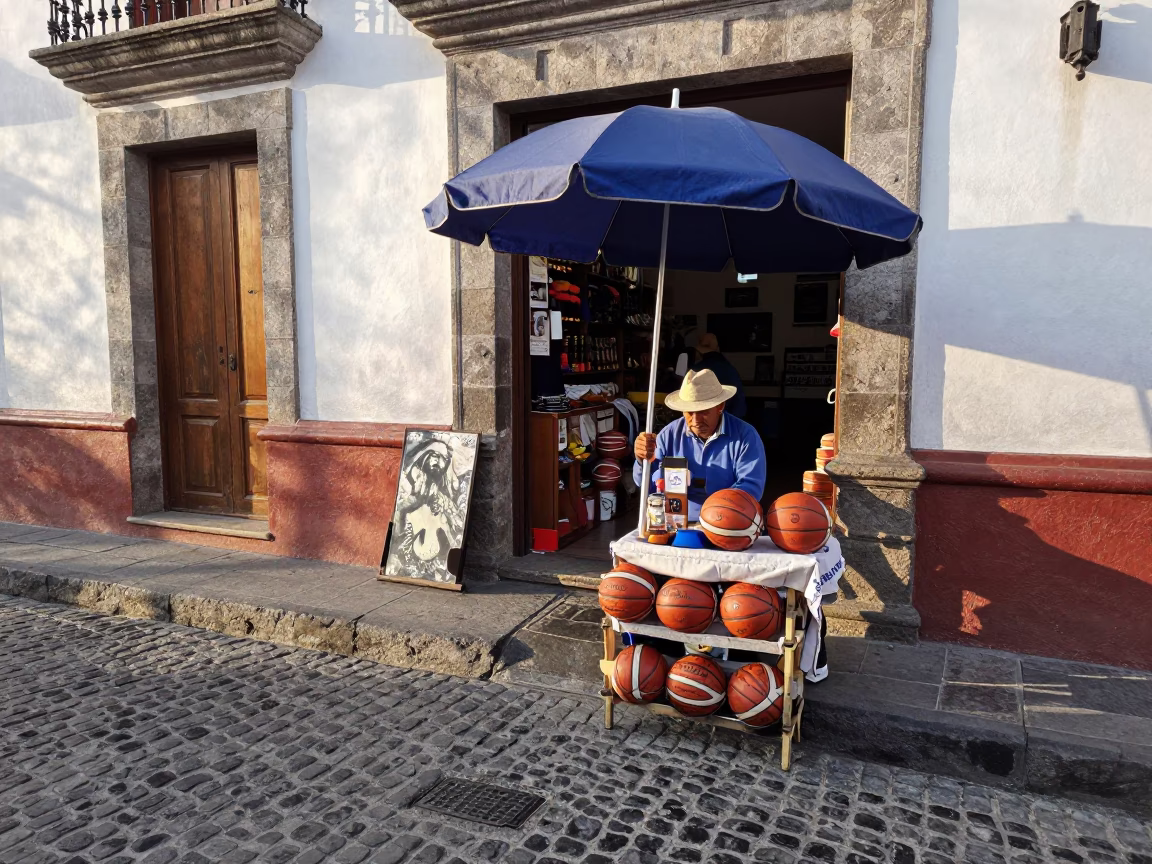 Street Vendor with Leather Basketball and Umbrella Stand in Morning Quito Ecuador in in Quito, Ecuador