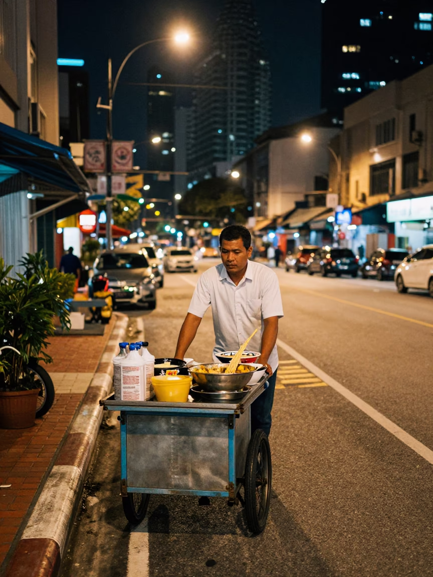 Street Vendor With Rolling Cart Selling Ramen In Kuala Lumpur At Dusk in in Kuala Lumpur, Malaysia