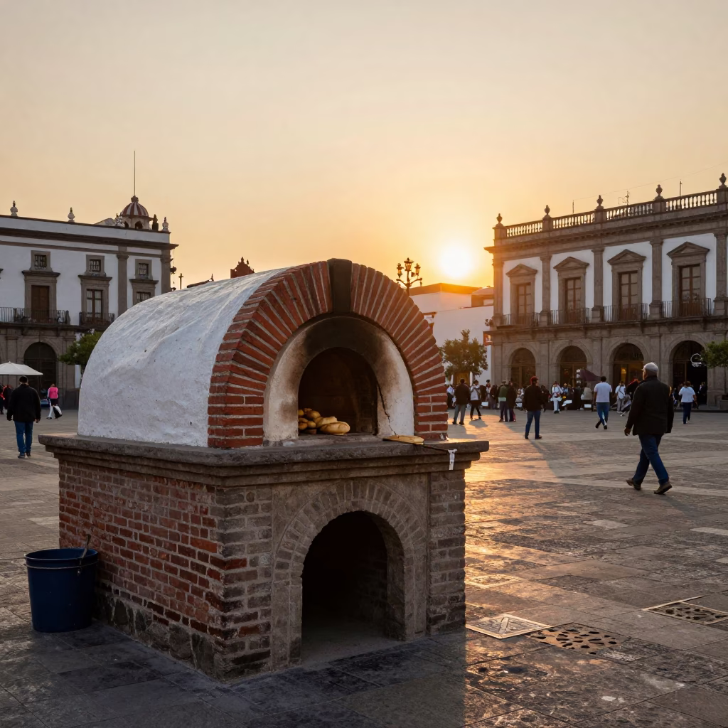 Street Vendor with Traditional Bread Oven in Mexico City Plaza at Sunset in in Mexico City, Mexico