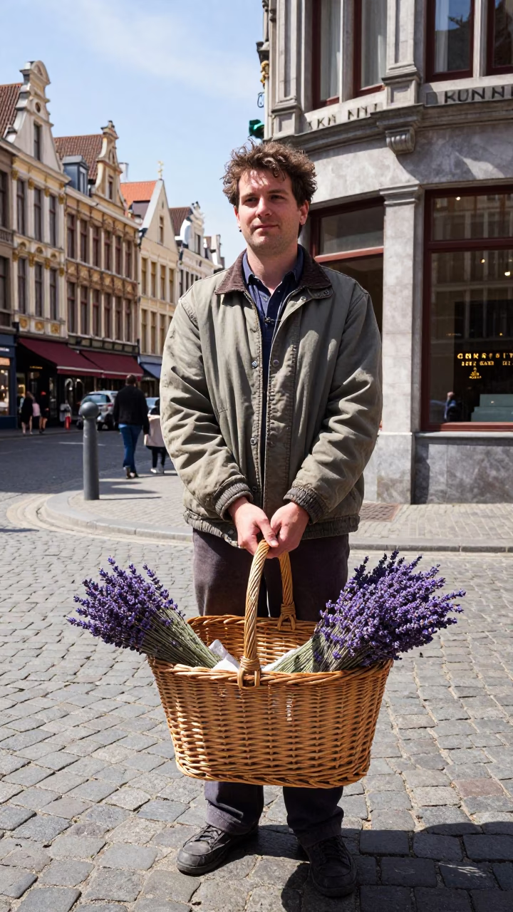 Street Vendor with Wicker Basket of Lavender in Brussels Belgium Midmorning Light in in Brussels, Belgium