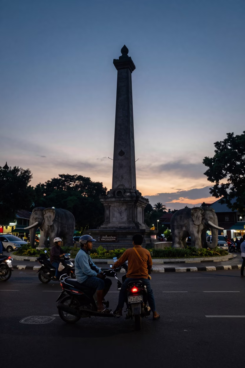 Street vendors and commuters in Yogyakarta Indonesia before dawn in in Yogyakarta, Indonesia