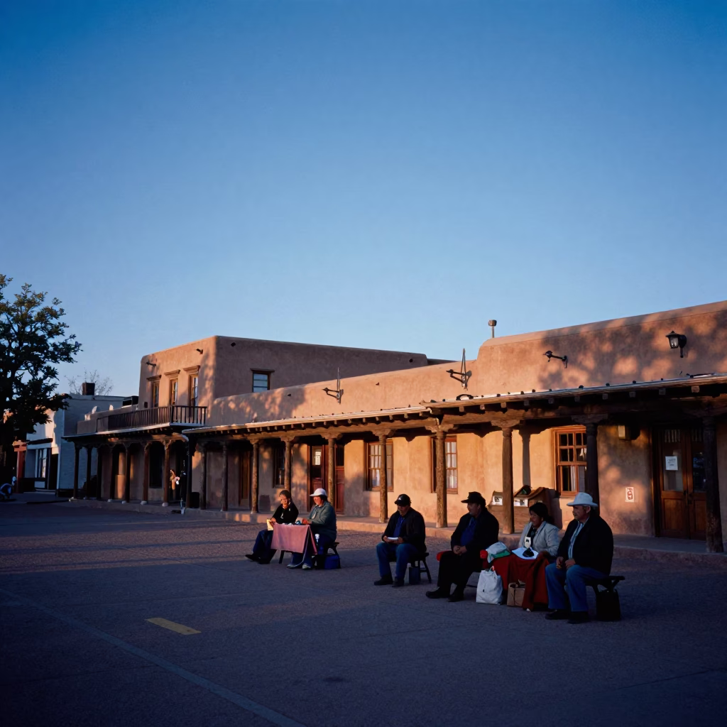 Street Vendors at Sunrise Light in Santa Fe in in Santa Fe, New Mexico, United States