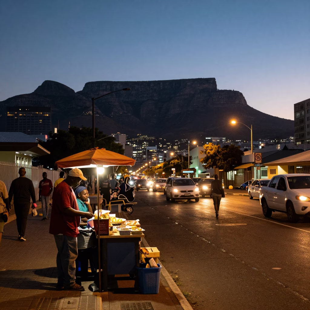 Street Vendors in Cape Town at As City Lights Begin To Glow in in Cape Town, South Africa
