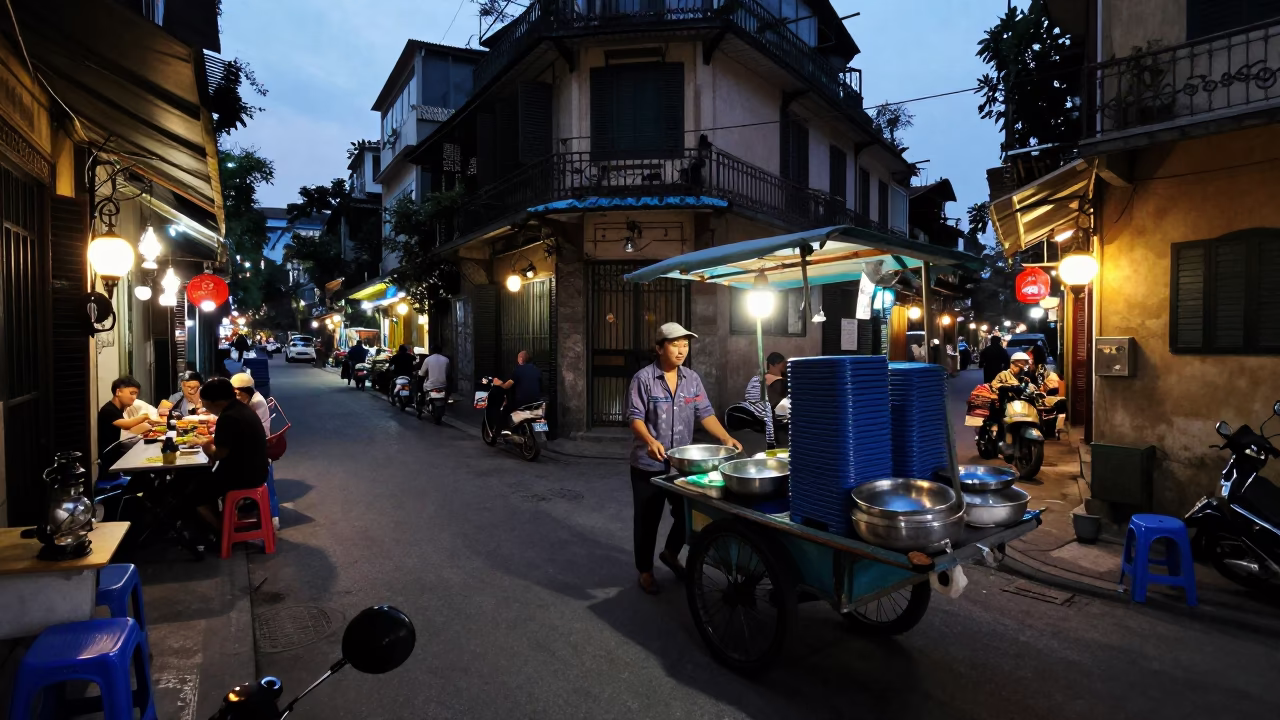 Street Vendors in Hanoi at The Predawn Darkness Light in in Hanoi, Vietnam
