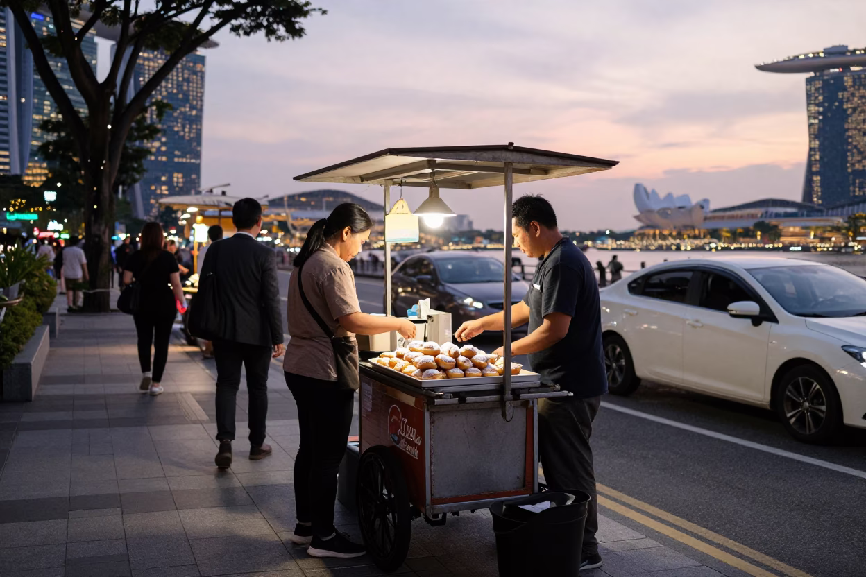 Street Vendors in Singapore at Honeyed Evening Light in in Singapore, Singapore