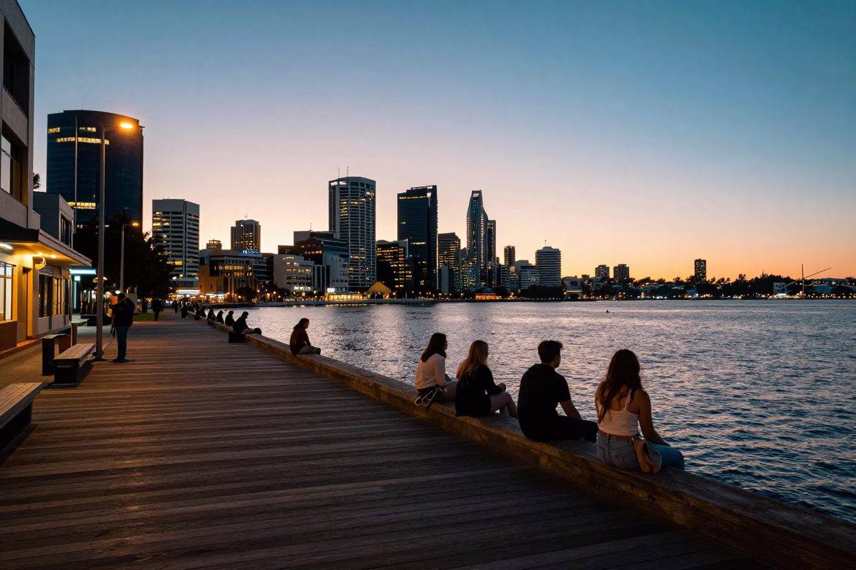 Street Wharf in Perth at As City Lights Begin To Glow in in Perth, Western Australia, Australia