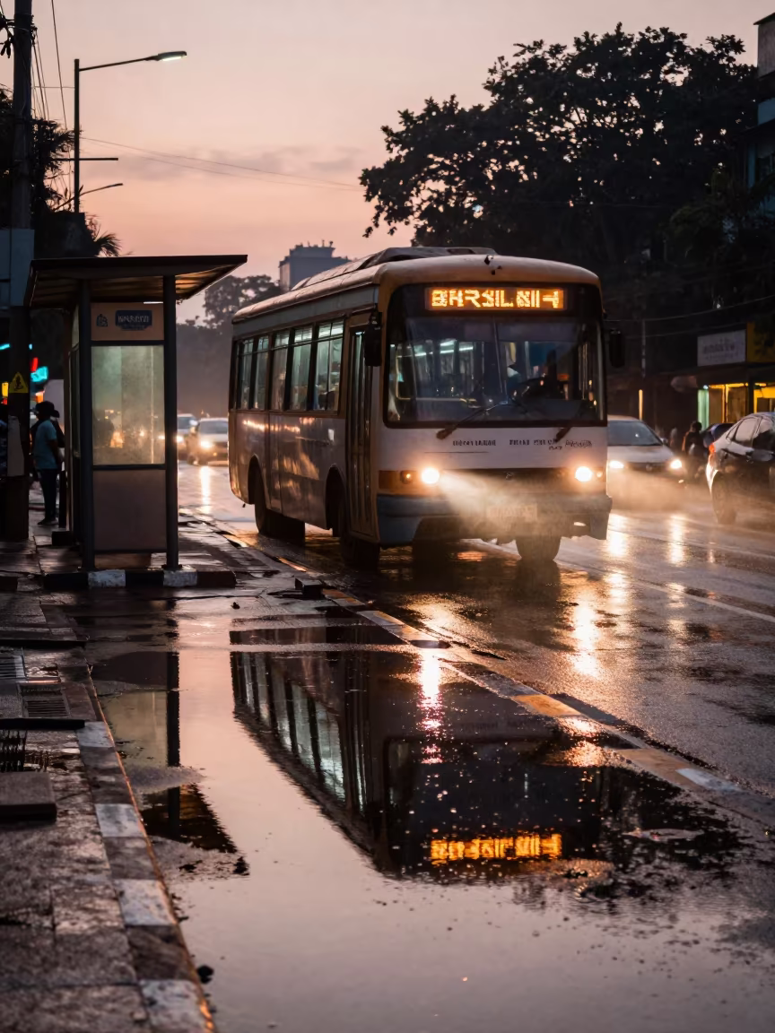 Streetcar Reflection in Rainy Bangalore Puddle in beside a steamed-up bus shelter in Bangalore