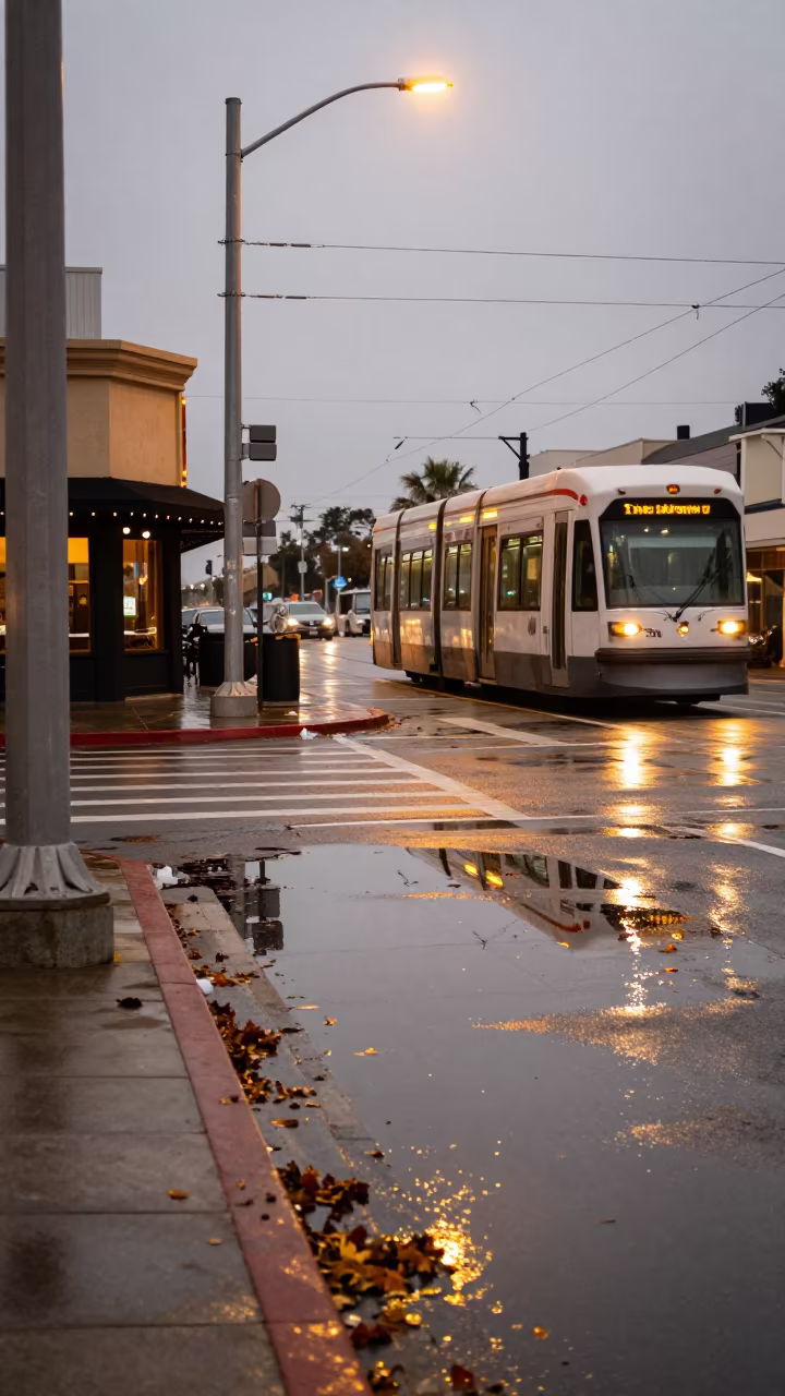 Streetcar Reflection in San Diego Puddle in outside a corner cafe in San Diego