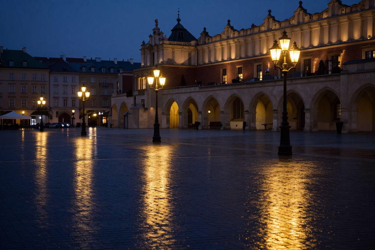 Streetlamp Reflections in Krakow at The Predawn Darkness Light in in Krakow, Poland