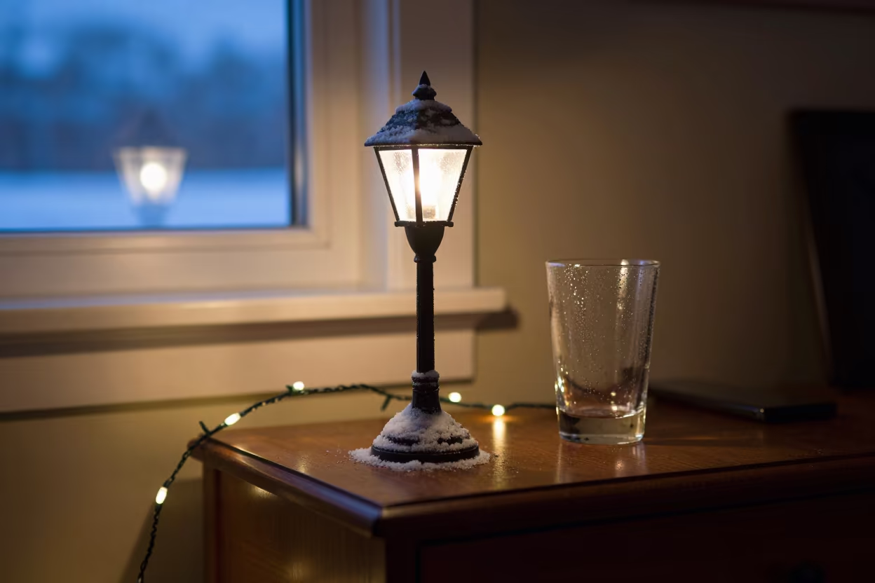 Streetlamp and Snow on Anchorage Hotel Dresser in on a hotel dresser near Anchorage