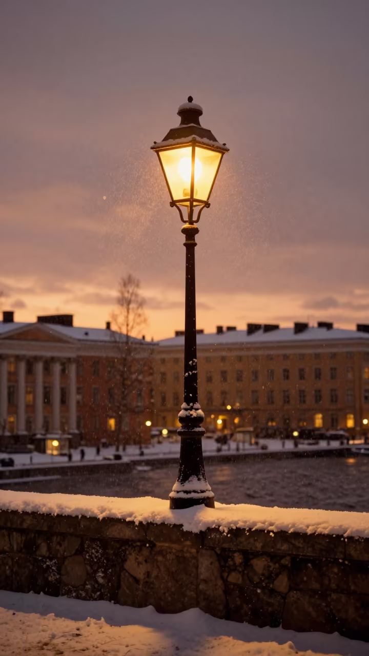 Streetlamp on Stone Ledge in Helsinki Snow in on a stone ledge in Toolo, Helsinki