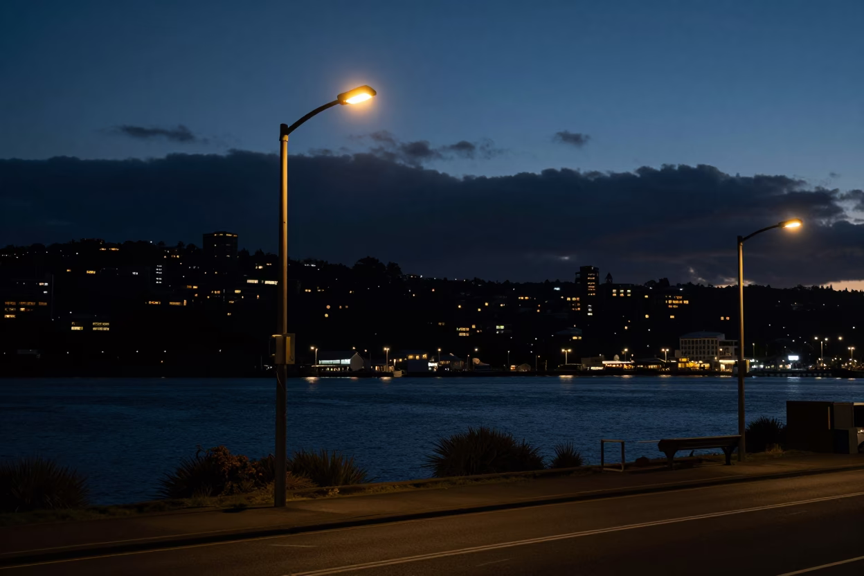 Streetlights in Wellington at The Predawn Darkness Light in in Wellington, New Zealand