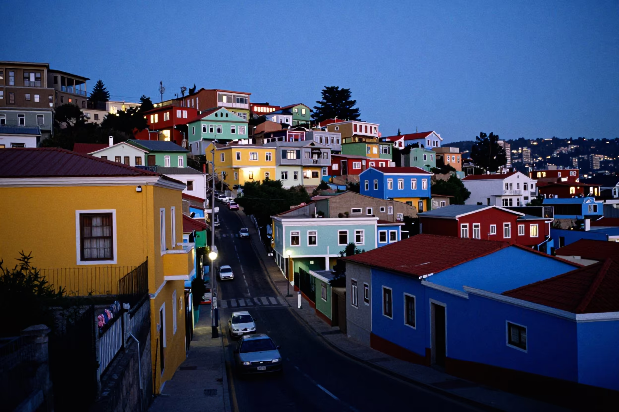 Streets in Valparaiso at Indigo Twilight After Sunset in in Valparaiso, Chile