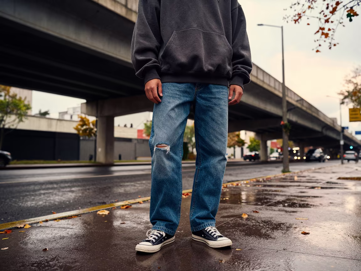Streetwear Capsule Lookbook Avellaneda Sidewalk in on a rain-darkened city sidewalk in Avellaneda