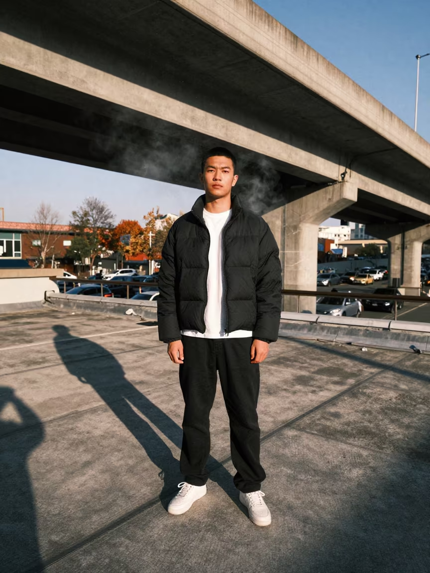 Streetwear Capsule Lookbook Danane Rooftop Evening in on a rooftop above evening traffic in Danané