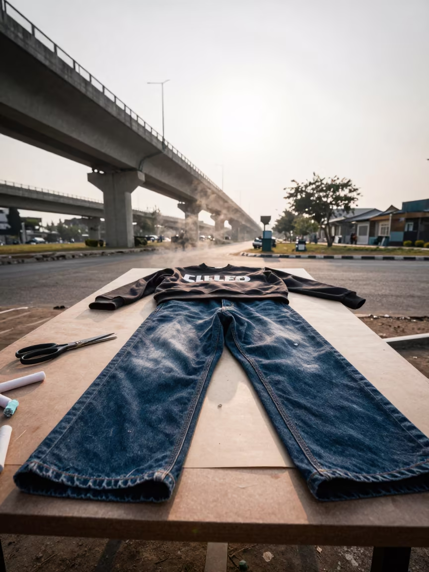 Streetwear Capsule Lookbook in N'dalatando Tailoring Shop in at a tailoring table strewn with chalk and shears in N'dalatando