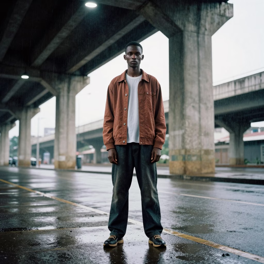 Streetwear Capsule Under Ondjiva Flyover Drizzle in under runway rehearsal lights in Ondjiva