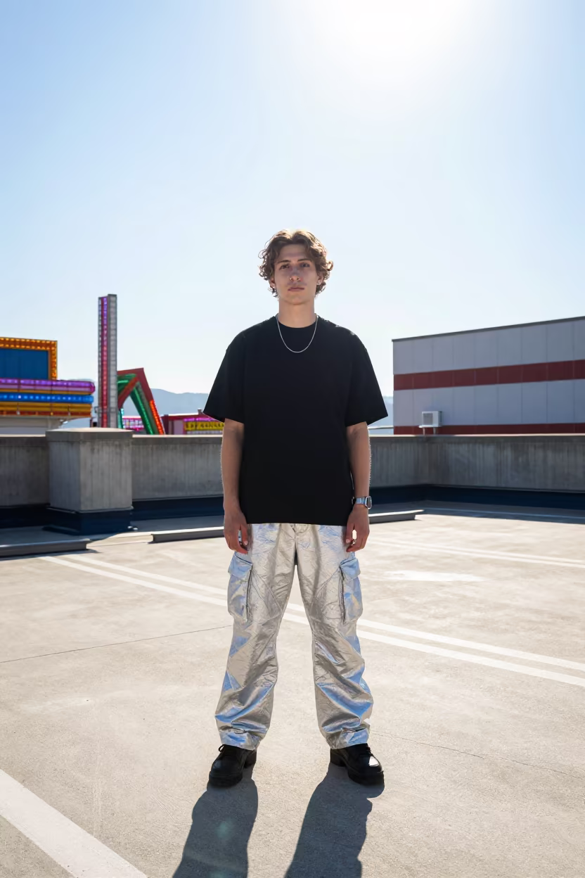 Streetwear Cargo Pants on Kanazawa Roof in along a neon-lit arcade in Kanazawa