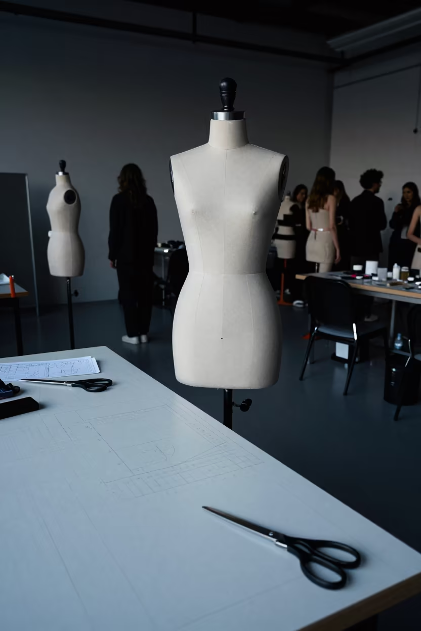 Streetwear Dress Form in Azaz Atelier in at a tailoring table strewn with chalk and shears in Azaz