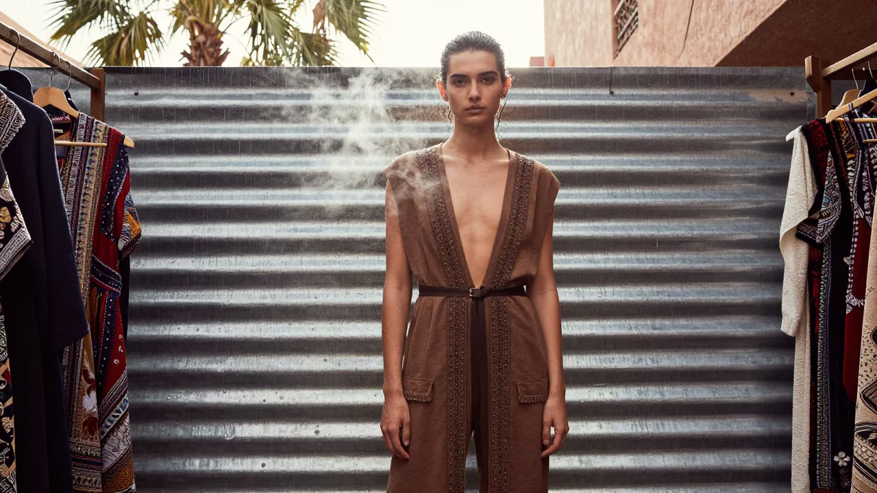 Streetwear Editorial Against Corrugated Steel in inside a couture atelier in Marrakech